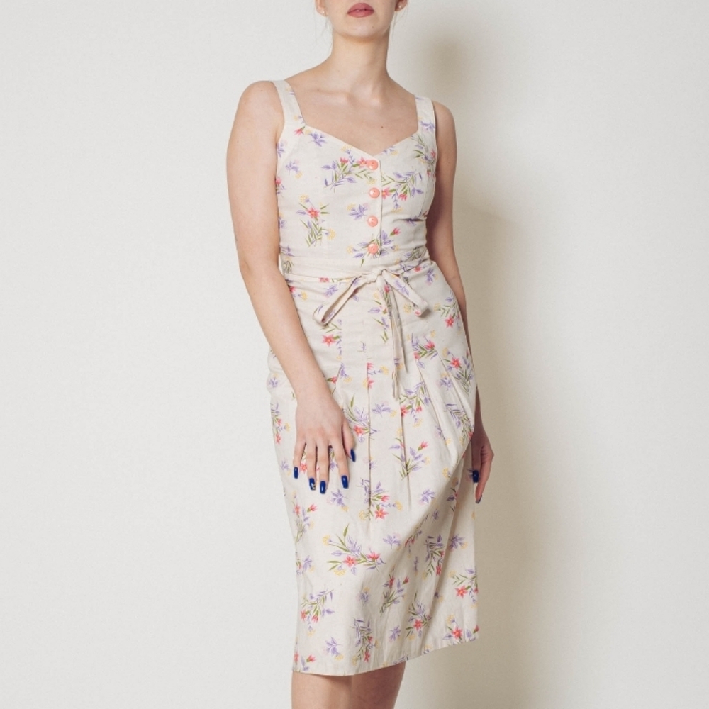 🌼 Vintage 90s sweetheart neck dress in cream with floral pattern